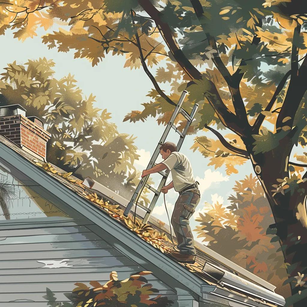 Homeowner performing roof maintenance by cleaning gutters and inspecting shingles, emphasizing the importance of regular upkeep in Salem