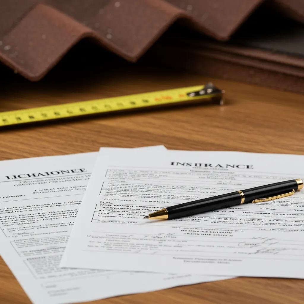 Close-up of roofing contractor's license and insurance documents on a table