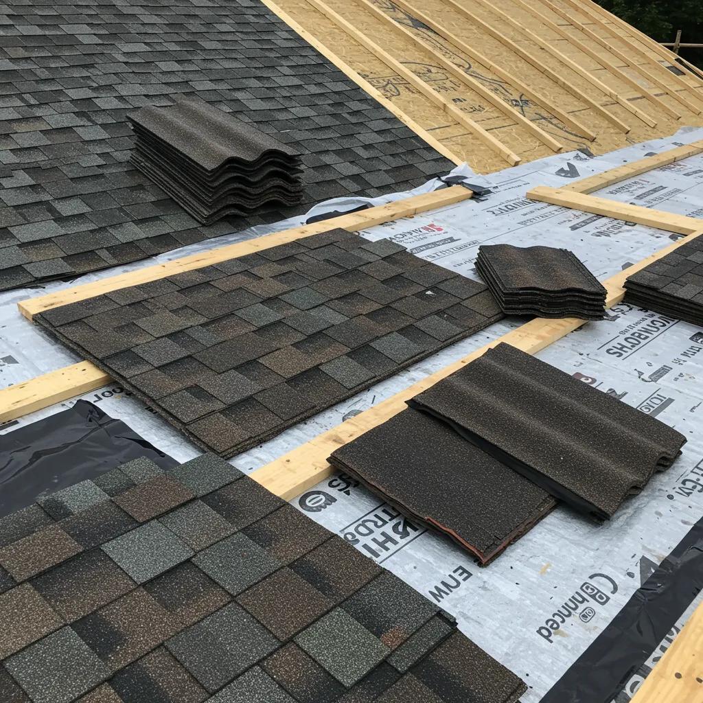 Variety of roofing materials including shingles and underlayment on a construction site